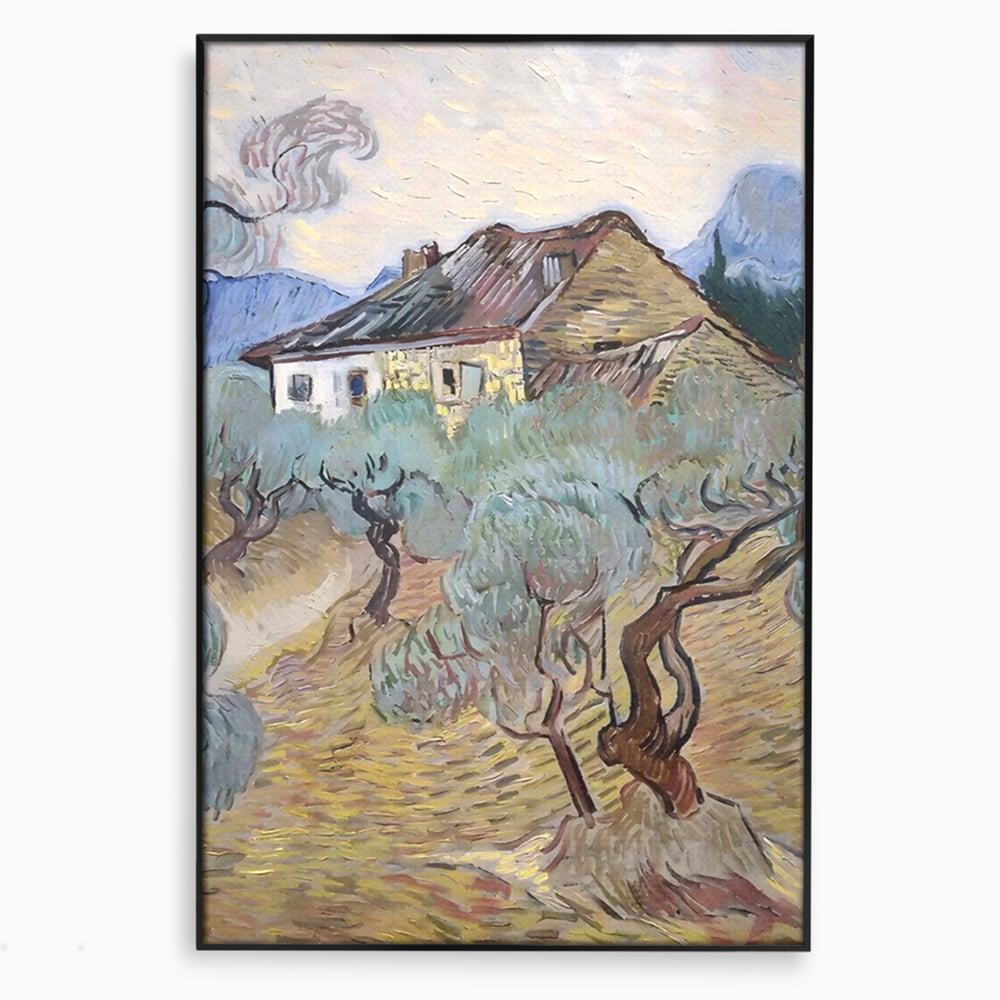 Tablou canvas cu pictura cu maslini si casa rurala, in rama de aluminiu negru